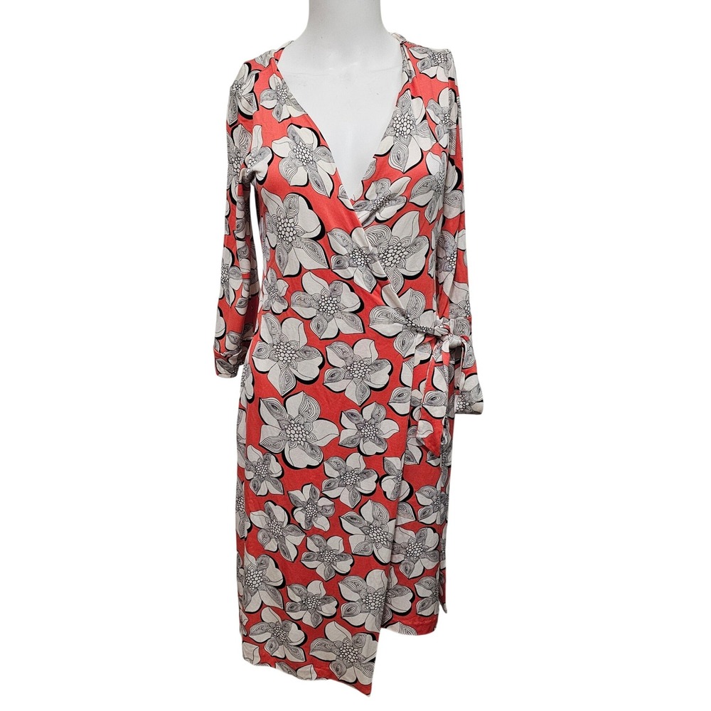 Diane von Furstenberg Silk Jersey Wrap Dress‎ 4 Coral Floral V-Neck 3/4 Sleeve